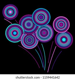 Festive colorful fireworks explosion background cartoon vector illustration. Minimal 2019 New Year fireworks flat fiesta graphic design. Stary cracker explosion of circle dots isolated.