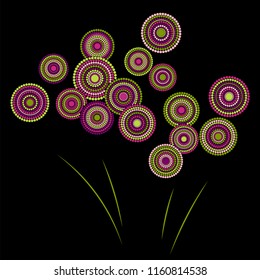 Festive colorful fireworks explosion background cartoon vector illustration. Modern 2019 New Year fireworks flat celebration graphic design. Stary cracker explosion of circle dots isolated.