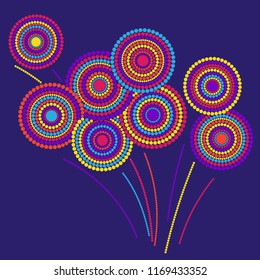 Festive colorful fireworks explosion background cartoon vector illustration. Modern 2019 New Year fireworks flat graphic design. Stary cracker explosion of circle dots isolated.