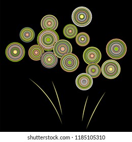 Festive colorful fireworks explosion background cartoon vector illustration. Minimalistic 2019 New Year fireworks flat carnival graphic design. Stary cracker explosion of circle dots isolated.