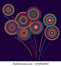 Festive colorful fireworks explosion background cartoon vector illustration. Cool 2019 New Year fireworks flat celebration graphic design. Stary cracker explosion of circle dots isolated.