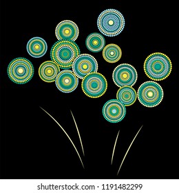 Festive colorful fireworks explosion background cartoon vector illustration. Minimalist 2019 New Year fireworks flat celebration graphic design. Stary cracker explosion of circle dots isolated.