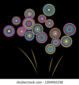 Festive colorful fireworks explosion background cartoon vector illustration. Modern 2019 New Year fireworks flat carnival graphic design. Stary cracker explosion of circle dots isolated.