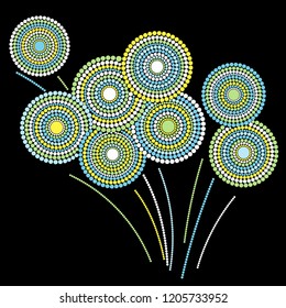 Festive colorful fireworks explosion background cartoon vector illustration. Minimalistic 2019 New Year fireworks flat fiesta graphic design. Stary cracker explosion of circle dots isolated.