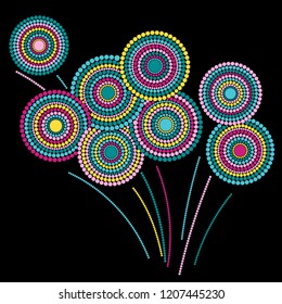 Festive colorful fireworks explosion background cartoon vector illustration. Modern 2019 New Year fireworks flat celebration graphic design. Stary cracker explosion of circle dots isolated.