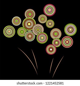 Festive colorful fireworks explosion background cartoon vector illustration. Minimalistic 2019 New Year fireworks flat graphic design. Stary cracker explosion of circle dots isolated.