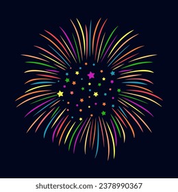 Festive Colorful fireworks isolated on dark sky background. Fireworks explosion, shining sparks and stars. Concept of Celebration and anniversary. Bright pyrotechnics show. Vector illustration