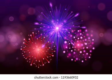 Festive Colorful fireworks on black background. Set of Vector realistic fireworks illustration. New Year Christmas firework
