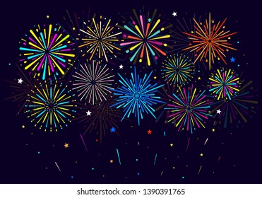 Festive colorful fireworks on black background. Vector illustration. Flat design. EPS 10.