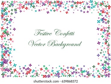 Festive colorful flower confetti background. Rectangle frame vector texture for holidays, postcards, posters, websites, carnivals, birthday and children's parties. Cover mock-up.