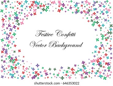 Festive colorful flower confetti background. Ellipse frame vector texture for holidays, postcards, posters, websites, carnivals, birthday and children's parties. Cover mock-up.