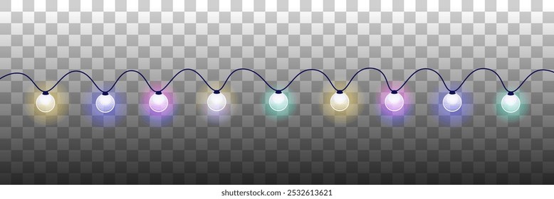 Festive colorful garlands vector illustration background. Christmas hanging lights. Pink, blue, green and yellow big round light bulbs.