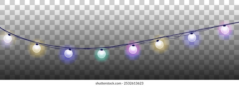 Festive colorful garlands vector illustration background. Christmas hanging lights. Pink, blue, green and yellow big round light bulbs.