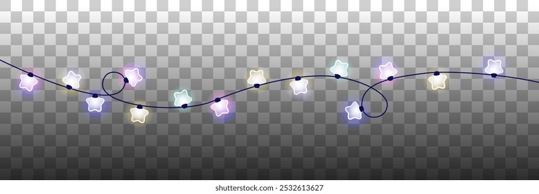 Festive colorful garlands vector illustration background. Christmas hanging lights. Pink, blue, green and yellow big star light bulbs.