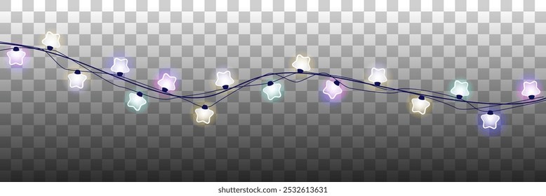 Festive colorful garlands vector illustration background. Christmas hanging lights. Pink, blue, green and yellow big star light bulbs.