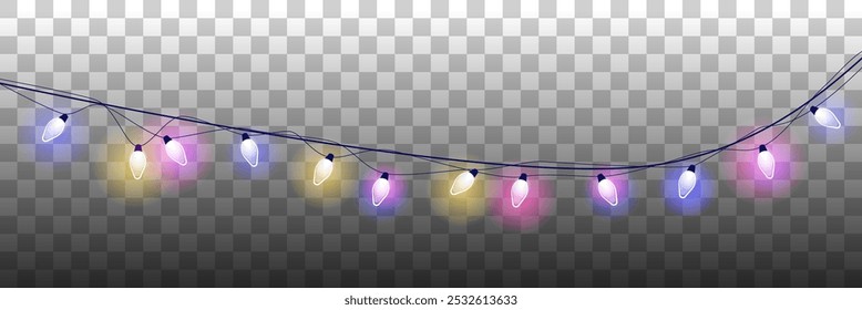 Festive colorful garlands vector illustration background. Christmas hanging lights. Pink, blue, green and yellow big round light bulbs.