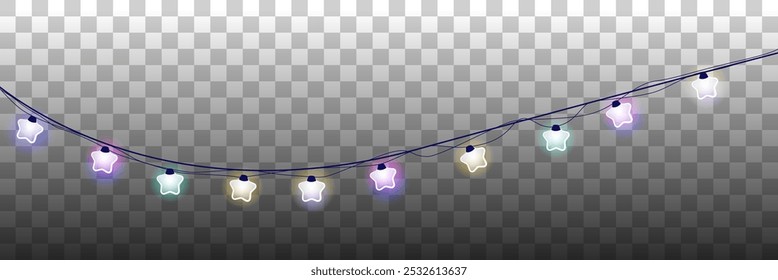 Festive colorful garlands vector illustration background. Christmas hanging lights. Pink, blue, green and yellow big star light bulbs.