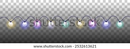 Festive colorful garlands vector illustration background. Christmas hanging lights. Pink, blue, green and yellow big round light bulbs.