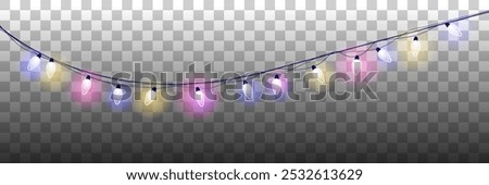 Festive colorful garlands vector illustration background. Christmas hanging lights. Pink, blue, green and yellow big round light bulbs.