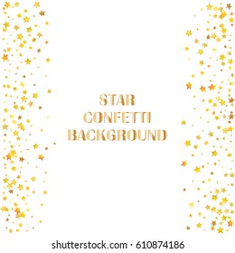 Festive colorful golden star confetti background. Vector illustration for decoration of holidays, postcards, posters, websites, carnivals, birthday and children's parties.