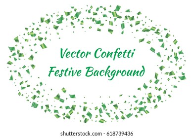 Festive colorful green rectangle confetti background. Vector illustration for decoration of holidays, postcards, posters, websites, carnivals, birthday and children's parties.