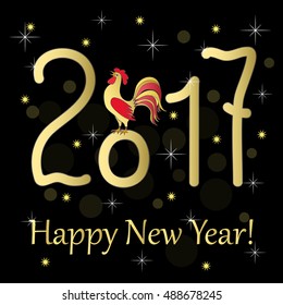 Festive colorful greeting card with symbol of the year 2017 red rooster and gold text Happy New Year 2017 on the black background. Design for cover calendar year 2017. eps 10.