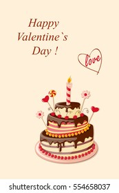 Festive colorful greeting card with tier cake, hearts for Valentine's Day, birthday, romantic holidays, invitation at the tea party, wedding. eps 10