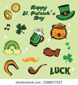 A festive colorful hand-drawn St. Patrick’s Day icon set featuring lucky symbols on a light green background.