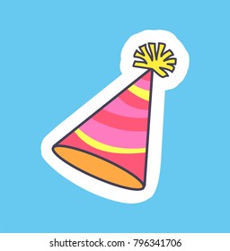 Festive colorful hat banner vector illustration of bright celebration cap with yellow and bright pink stripes isolated on blue background, cuto bubo