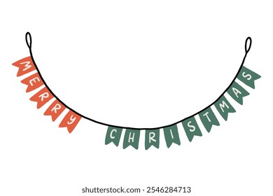 Festive and colorful illustration of a Merry Christmas garland. Perfect for holiday decorations and spreading cheer. Features vibrant red and green colors on a simple, elegant banner