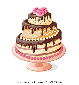 Festive colorful isolated realistic cake tier with cream roses on the white background. Image for birthday or wedding invitation card. eps10.