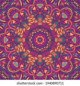 Festive colorful mandala art pattern. Geometric medallion psychedelic folkloric style print.