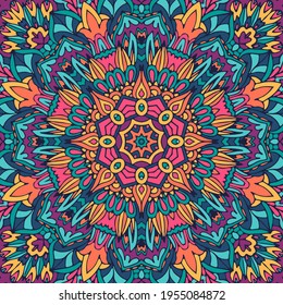 Patrón festivo colorido de arte mandala. Ornamentos de estilo doodle de medallón geométrico. Antecedentes aztecos del festival psicodélico