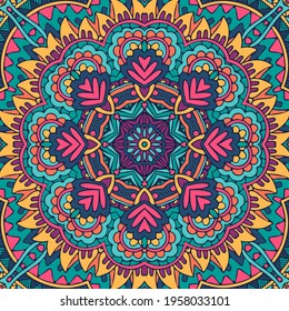 Festive colorful mandala art pattern. Geometric medallion doodle Boho style ornaments. Psychedelic carnival floral Abstract geometric vector print