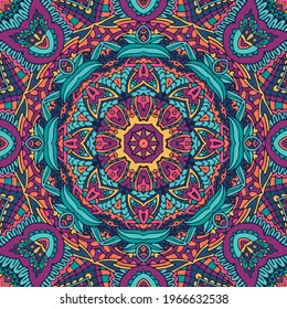 Festive colorful mandala art pattern. Geometric medallion doodle Boho style ornaments. Psychedelic design with floral Abstract geometric vector print