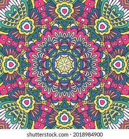 Festive colorful mandala art pattern. Geometric medallion floral retro ornaments. Psychedelic festival background