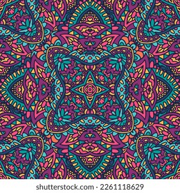 Patrón festivo colorido de arte mandala. Ornamentos de estilo Boho con medallón geométrico. Carnaval psicodélico estilo azteca