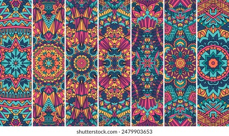 Vector floral ornamental colorido festivo étnico psicodélico Mandala fondos de arte. Colección de Anuncio de ornamento geométrico tribal mexicano. Doodle adornos marcador colorido.