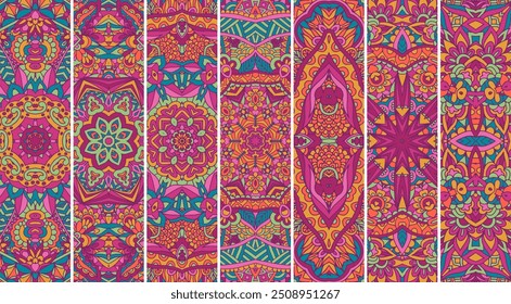 Festliche bunte dekorative florale Vektor ethnische Banner-Set mit Farbe psychedelischen Print-Design. Lesezeichen Bundle Stamm geometrische Ornamente Mustersammlung