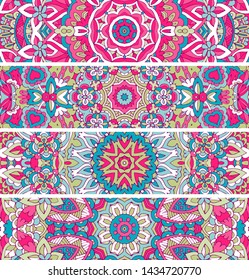 Festive colorful ornamental vector ethnic banner set. Tribal geometric doodle ornamental templates. Mexican indian boho style background collection