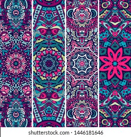 Festive colorful ornamental vector ethnic banner set. Tribal geometric doodle ornamental templates. Mexican indian boho style background vertical collection