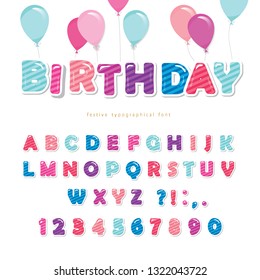 Festive colorful paper cutout font. Bright cartoon ABC letters and numbers isolated on white. For birthday posters, banners, greeting cards, room decoration. Vector