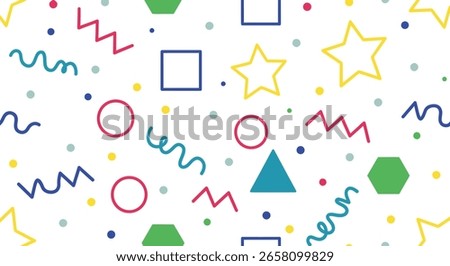 A festive and colorful pattern featuring geometric shapes like stars, circles, squares, and triangles scattered across a white background, perfect for party decorations 184