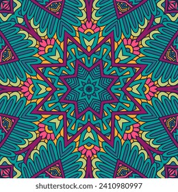 Festive colorful Psychedelic mandala star flower doodle art pattern. Geometric medallion ethnic boho ornaments. Tribal carnival aztec style background