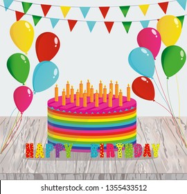 Festive colorful rainbow and a big cake with candles. Happy Birthday. Greeting card or invitation for a holiday. Vector on wooden background.