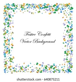 Festive colorful rectangle confetti background. Square frame vector texture for holidays, postcards, posters, websites, carnivals, birthday and children's parties. Cover mock-up.