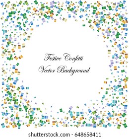 Festive colorful rectangle confetti background. Square frame vector texture for holidays, postcards, posters, websites, carnivals, birthday and children's parties. Cover mock-up.