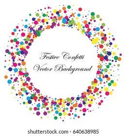 Festive colorful round confetti background. Round frame vector texture for holidays, postcards, posters, websites, carnivals, birthday and children's parties. Cover mock-up.