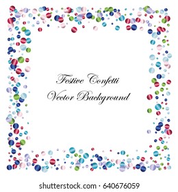 Festive colorful round confetti background. Square frame vector texture for holidays, postcards, posters, websites, carnivals, birthday and children's parties. Cover mock-up.