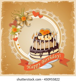 Festive colorful scrapbooking birthday card with  cake tier, ribbon, candles, hearts and roses on the vintage background. eps10.